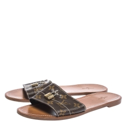 Louis Vuitton Brown Coated Monogram Canvas Lock It Flat Slides Size 41