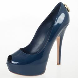 Pre Owned Louis Vuitton Blue Patent Oh Really! Peep Toe Platform Pumps Size 38.5