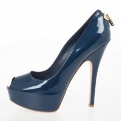 Pre Owned Louis Vuitton Blue Patent Oh Really! Peep Toe Platform Pumps Size 38.5