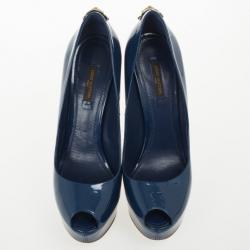 Pre Owned Louis Vuitton Blue Patent Oh Really! Peep Toe Platform Pumps Size 38.5