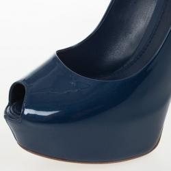 Pre Owned Louis Vuitton Blue Patent Oh Really! Peep Toe Platform Pumps Size 38.5