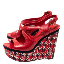 مملوكة مسبقًا Louis Vuitton Red Leather And Multicolor Fabric Wedge Platform Slingback Sandals Size 37