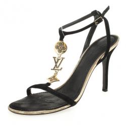 مملوكة مسبقًا Louis Vuitton Black Suede Logo T Strap Sandals Size 41