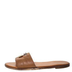 مملوكة مسبقًا Louis Vuitton Brown Leather Lock It Flat Slides Size 38