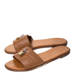 مملوكة مسبقًا Louis Vuitton Brown Leather Lock It Flat Slides Size 38