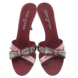 Pre Owned Louis Vuitton Red Monogram Satin Cherry Blossom Slides Size 39