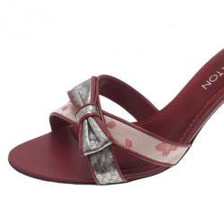 Pre Owned Louis Vuitton Red Monogram Satin Cherry Blossom Slides Size 39