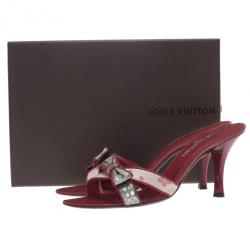 Pre Owned Louis Vuitton Red Monogram Satin Cherry Blossom Slides Size 39