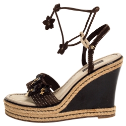 LOUIS VUITTON Brown Leather Strappy Ankle Strap Flat Espadrill