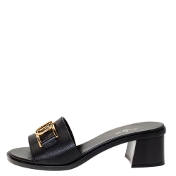 Pre Owned صندل لوي فيتون بمقدمة مفتوحة و مزين بشعار الماركة جلد أسود مقاس 36