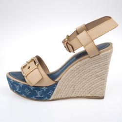 Pre Owned Louis Vuitton Monogram Denim & Leather Espadrilles Wedges Size 38