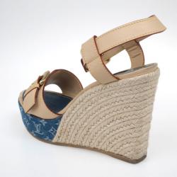 Pre Owned Louis Vuitton Monogram Denim & Leather Espadrilles Wedges Size 38