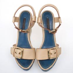 Pre Owned Louis Vuitton Monogram Denim & Leather Espadrilles Wedges Size 38
