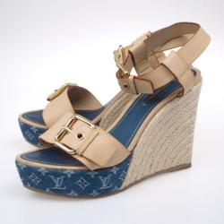 Pre Owned Louis Vuitton Monogram Denim & Leather Espadrilles Wedges Size 38