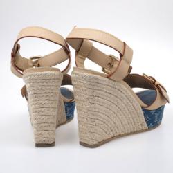 Pre Owned Louis Vuitton Monogram Denim & Leather Espadrilles Wedges Size 38