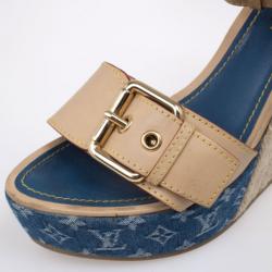 Pre Owned Louis Vuitton Monogram Denim & Leather Espadrilles Wedges Size 38
