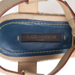 Pre Owned Louis Vuitton Monogram Denim & Leather Espadrilles Wedges Size 38