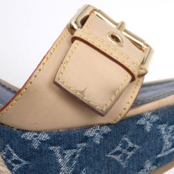Pre Owned Louis Vuitton Monogram Denim & Leather Espadrilles Wedges Size 38