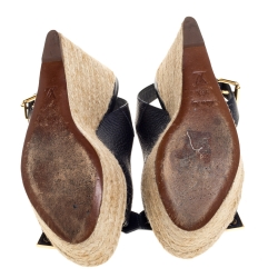 Pre Owned Louis Vuitton Navy Blue Leather Slingback Espadrille Wedge Platform Sandals Size 36.5