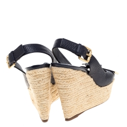 Pre Owned Louis Vuitton Navy Blue Leather Slingback Espadrille Wedge Platform Sandals Size 36.5