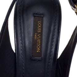 Pre Owned Louis Vuitton Navy Blue Leather Slingback Espadrille Wedge Platform Sandals Size 36.5