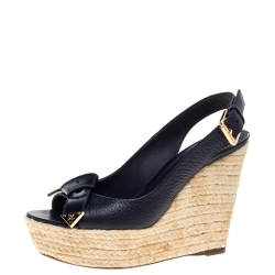 Pre Owned Louis Vuitton Navy Blue Leather Slingback Espadrille Wedge Platform Sandals Size 36.5