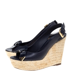 Pre Owned Louis Vuitton Navy Blue Leather Slingback Espadrille Wedge Platform Sandals Size 36.5