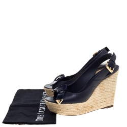 Pre Owned Louis Vuitton Navy Blue Leather Slingback Espadrille Wedge Platform Sandals Size 36.5