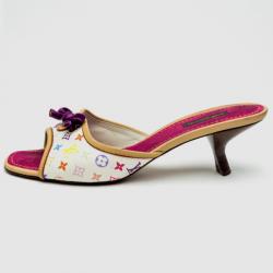 Pre Owned Louis Vuitton White Multicolor Bow Slides Size 38