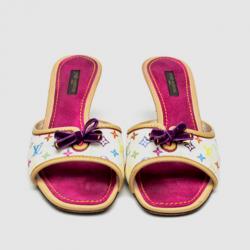 Pre Owned Louis Vuitton White Multicolor Bow Slides Size 38