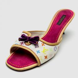 Pre Owned Louis Vuitton White Multicolor Bow Slides Size 38
