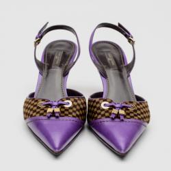 Pre Owned Louis Vuitton Purple Leather With Damier Sauvage Pony Hair Fur Slingback Sandals Size 40