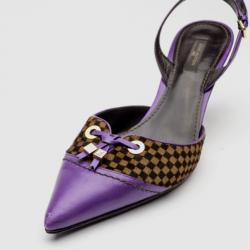 Pre Owned Louis Vuitton Purple Leather With Damier Sauvage Pony Hair Fur Slingback Sandals Size 40