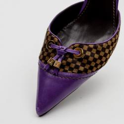 Pre Owned Louis Vuitton Purple Leather With Damier Sauvage Pony Hair Fur Slingback Sandals Size 40