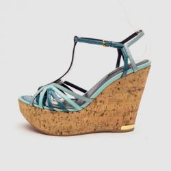Pre Owned Louis Vuitton Blue Patent Leather Summertime Cork Wedges Size 38