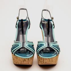Pre Owned Louis Vuitton Blue Patent Leather Summertime Cork Wedges Size 38