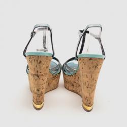 Pre Owned Louis Vuitton Blue Patent Leather Summertime Cork Wedges Size 38