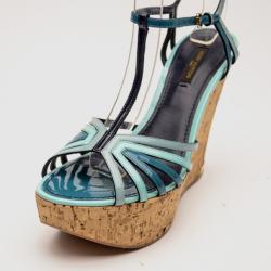 Pre Owned Louis Vuitton Blue Patent Leather Summertime Cork Wedges Size 38