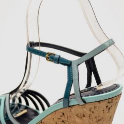 Pre Owned Louis Vuitton Blue Patent Leather Summertime Cork Wedges Size 38