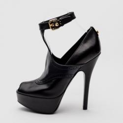 Pre Owned Louis Vuitton Black Leather Ankle Strap Brogue Pumps Size 37
