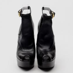 Pre Owned Louis Vuitton Black Leather Ankle Strap Brogue Pumps Size 37