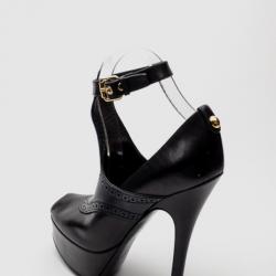 Pre Owned Louis Vuitton Black Leather Ankle Strap Brogue Pumps Size 37