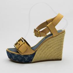 Pre Owned Louis Vuitton Monogram Denim & Leather Espadrilles Wedges Size 38.5