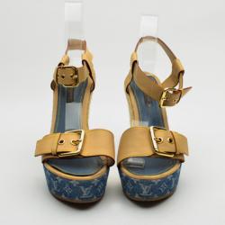 Pre Owned Louis Vuitton Monogram Denim & Leather Espadrilles Wedges Size 38.5