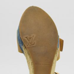Pre Owned Louis Vuitton Monogram Denim & Leather Espadrilles Wedges Size 38.5