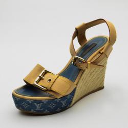 Pre Owned Louis Vuitton Monogram Denim & Leather Espadrilles Wedges Size 38.5