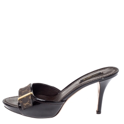 Louis Vuitton Brown Patent Laether and Mini Lin Canvas Slide Sandals Size 38.5