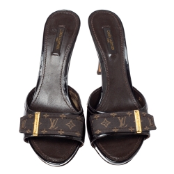 Louis Vuitton Brown Patent Laether and Mini Lin Canvas Slide Sandals Size 38.5