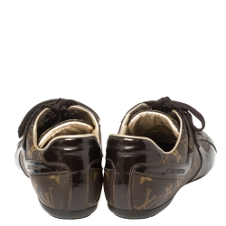 Pre Owned Louis Vuitton Monogram Canvas and Patent Leather Globe Trotter Low Top Sneakers Size 39