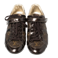 Pre Owned Louis Vuitton Monogram Canvas and Patent Leather Globe Trotter Low Top Sneakers Size 39